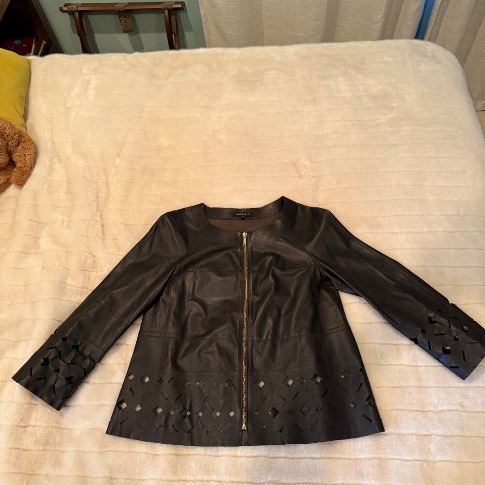 LAFAYETTE 148 NEW YORK BROWN LEATHER ZIP LASER CUT JACKET SIZE S